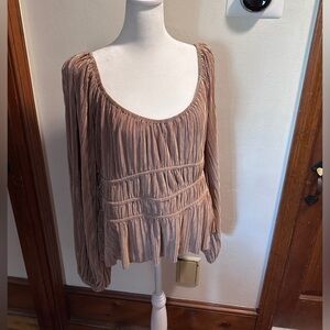 Express Pleated Scoop Neck Long Sleeve Top - Brushed Gold
